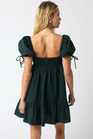 Jessie Hunter Green Gingham Babydoll Mini Dress - Back View