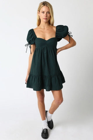 Jessie Hunter Green Gingham Babydoll Mini Dress - Fall Outfit View