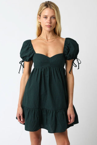 Jessie Hunter Green Gingham Babydoll Mini Dress - Front View