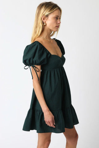Jessie Hunter Green Gingham Babydoll Mini Dress - Side View
