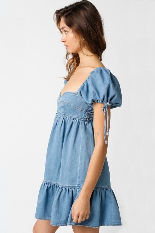 Light Denim Puff Sleeve Babydoll Dress | Boho Pink Light Denim Puff Sleeve Babydoll Dress | Boho Pink