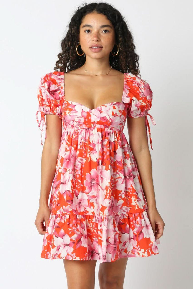 Jessie Orange and Pink Floral Babydoll Mini Dress, a floral babydoll dress with puff sleeves