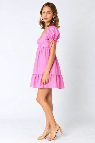 Jessie Pink Linen Babydoll Tie Puff Sleeve Mini Dress - Side View