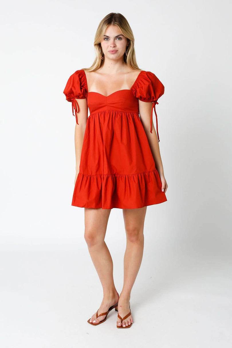 Jessie Brick Babydoll Mini Dress a red babydoll dress with puff sleeves