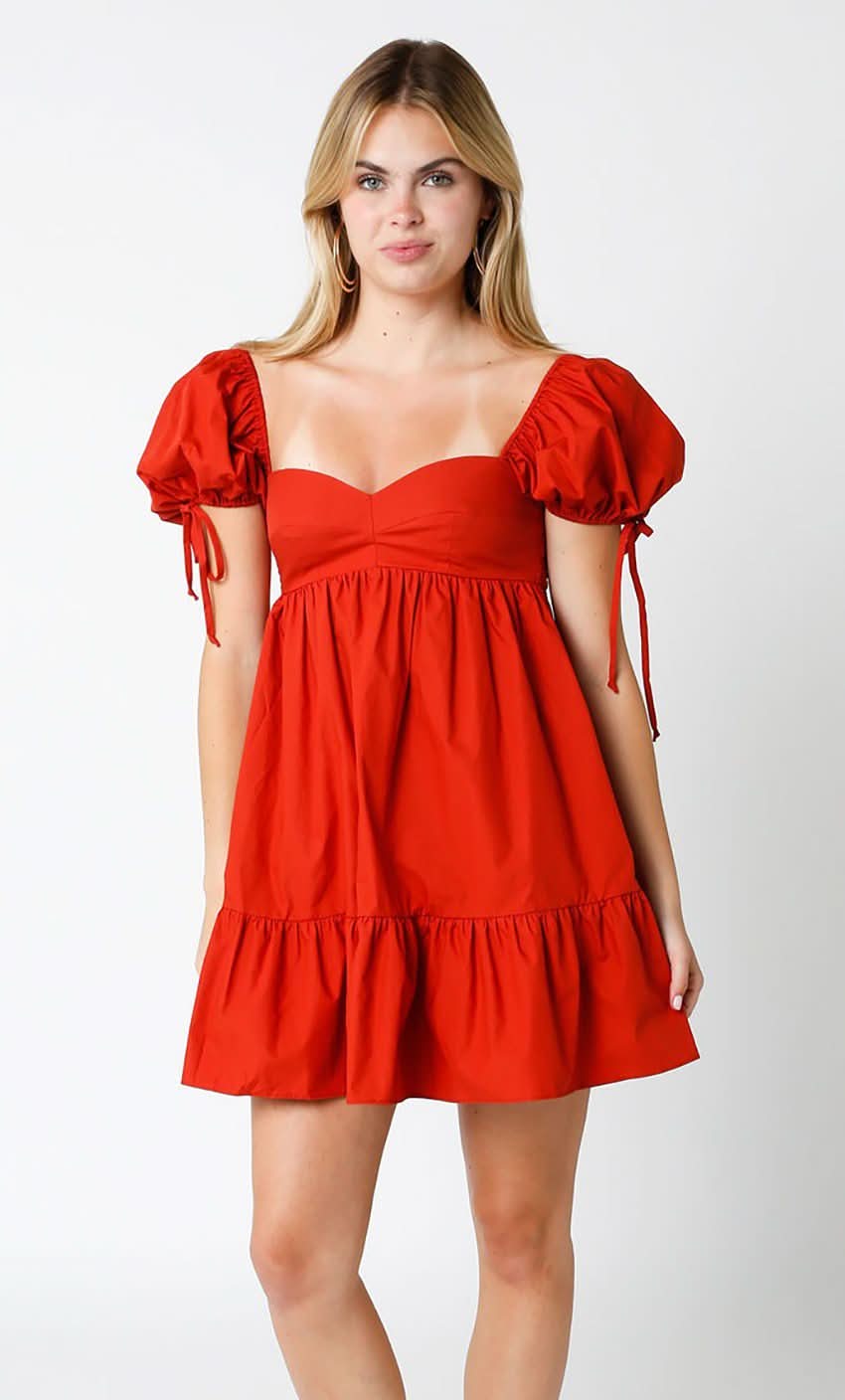 Babydoll Dress - Puff Sleeve Brick Red Dress Babydoll Dress - Puff Sleeve Brick Red Dress