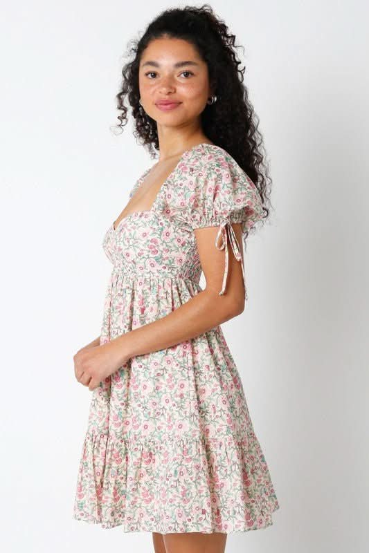Olivaceous Jessie Pink and Green Floral Babydoll Mini Dress - Size L - Sweetheart Neckline, Puffy Sleeves, Ruffle Hem Olivaceous Jessie Pink and Green Floral Babydoll Mini Dress - Size L - Sweetheart Neckline, Puffy Sleeves, Ruffle Hem