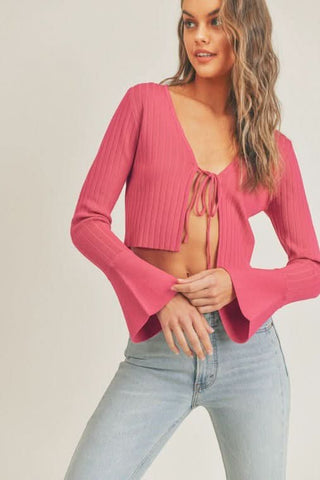 LUSH So Many Reasons Pink Tie-Front Long Sleeve Crop Top - Front View