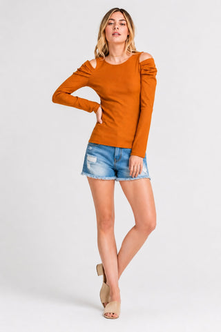 Just the Basic Mustard Cold-Shoulder Top - Outfit View