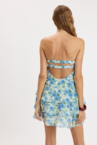 Karlie blue and white floral strapless babydoll mini dress back view