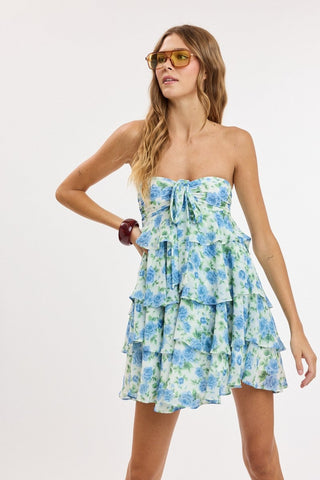 Karlie blue floral strapless ruffle mini dress front view