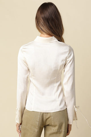 Katerina Cream Satin Tie Sleeve Blouse - Back