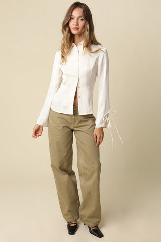 Katerina Cream Satin Tie Sleeve Blouse - Fall Outfit View