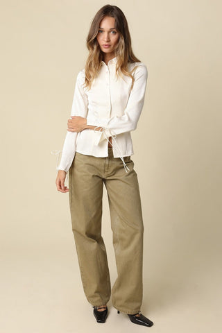 Katerina Cream Satin Tie Sleeve Blouse - Outfit View