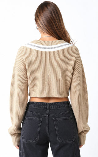 Kayleigh Khaki Cropped Varsity Sweater - Back View