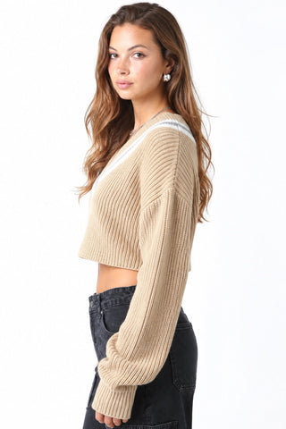 Kayleigh Khaki Cropped Varsity Sweater - Side View