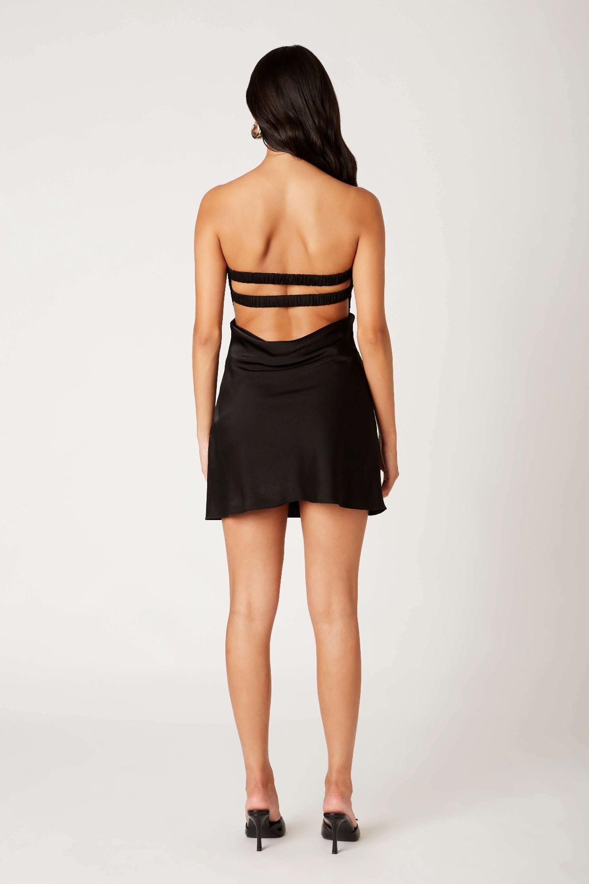 Khloe Black Satin Strapless Mini Dress - Twist Knot Top, Keyhole Cutout, Open Cowl Back - Size M