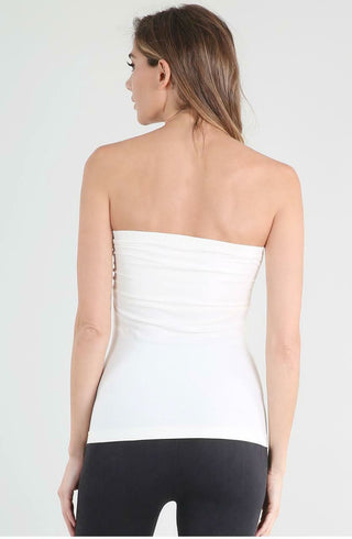 Long white tube top with gathered ruching