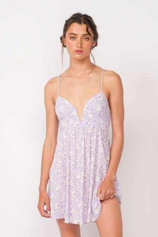 Purple floral corset cami mini dress with plunging neckline