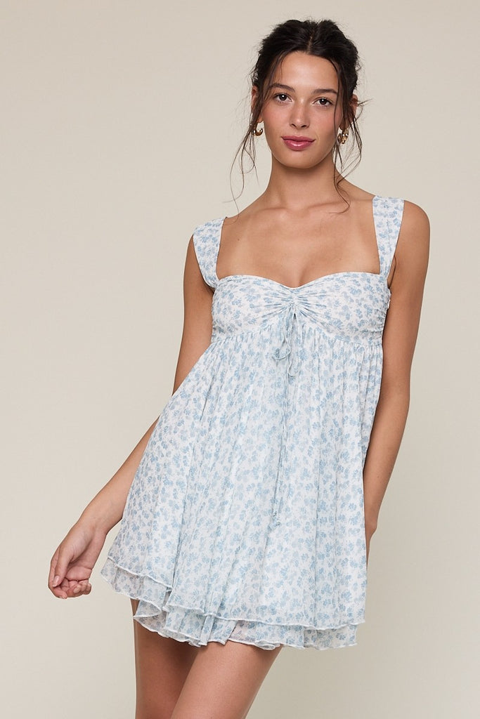 Layla Ditsy Blue Floral Babydoll Mini Dress - Front View