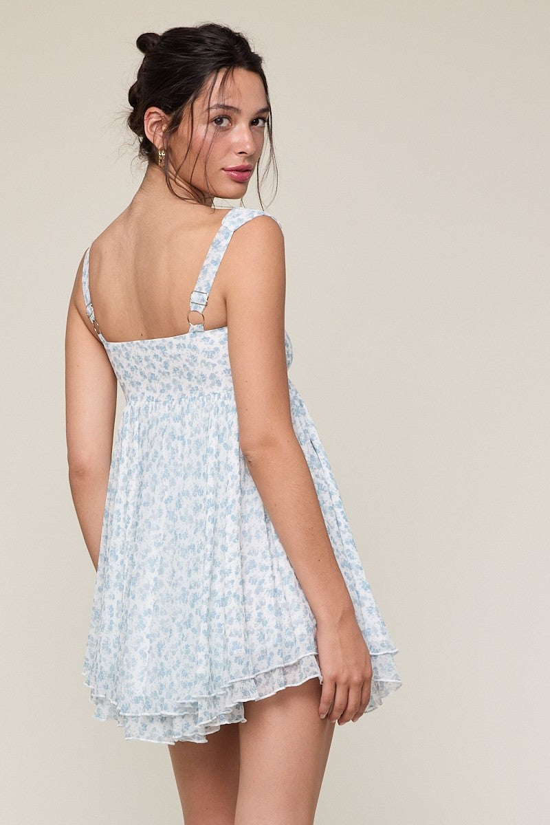 Layla Ditsy Blue Floral Babydoll Mini Dress - Back View
