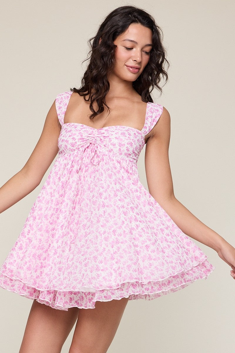 Layla Ditsy Pink Floral Babydoll Mini Dress - Front View