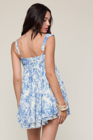 Blue floral babydoll dress with empire waist silhouette - back view