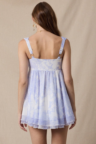Layla blue floral toile babydoll mini dress back view
