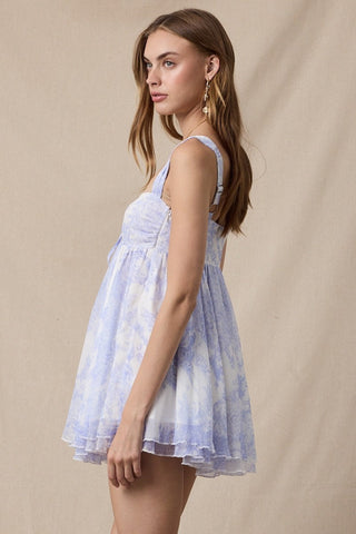 Layla blue floral toile babydoll mini dress side view