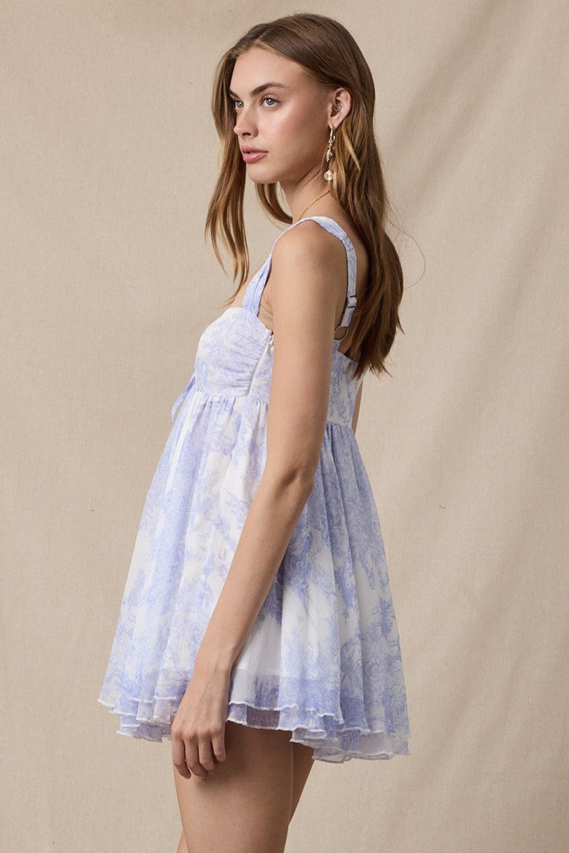Layla blue floral toile babydoll mini dress side view
