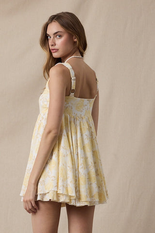 Layla Yellow Floral Babydoll Mini Dress, back view party dress