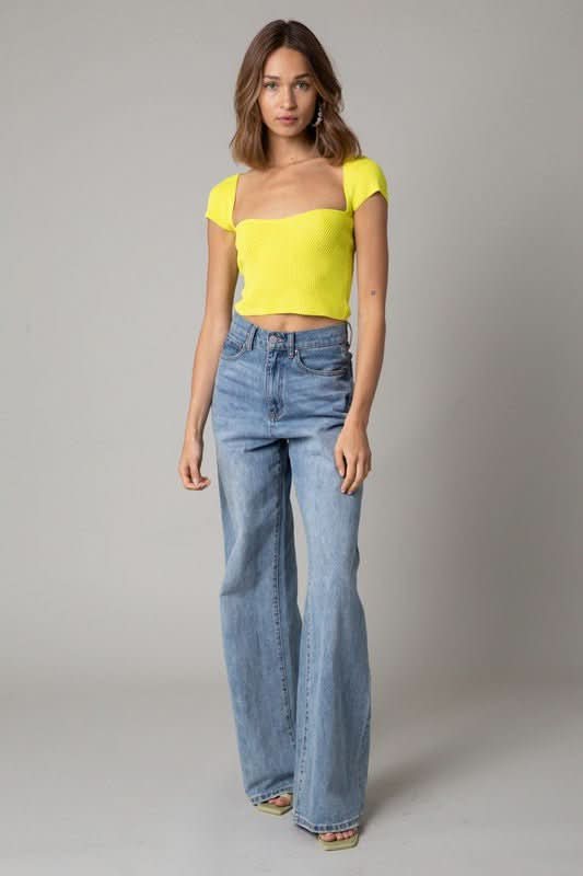 Lemon Cap Sleeve Sweater Crop Top