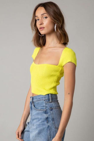 Emma Lemon Cap Sleeve Sweater Crop Top - Side View