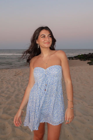 Blue floral strapless babydoll dress with flowy skirt