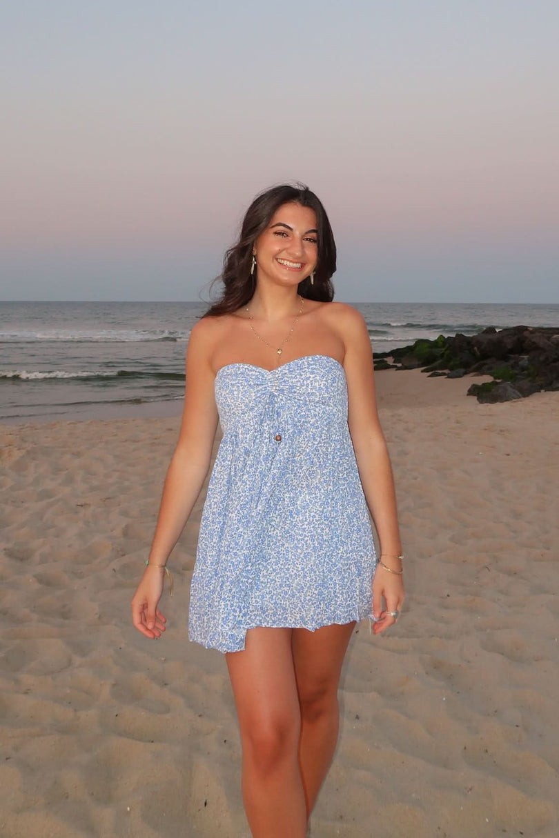 Blue Floral Strapless Mini Dress