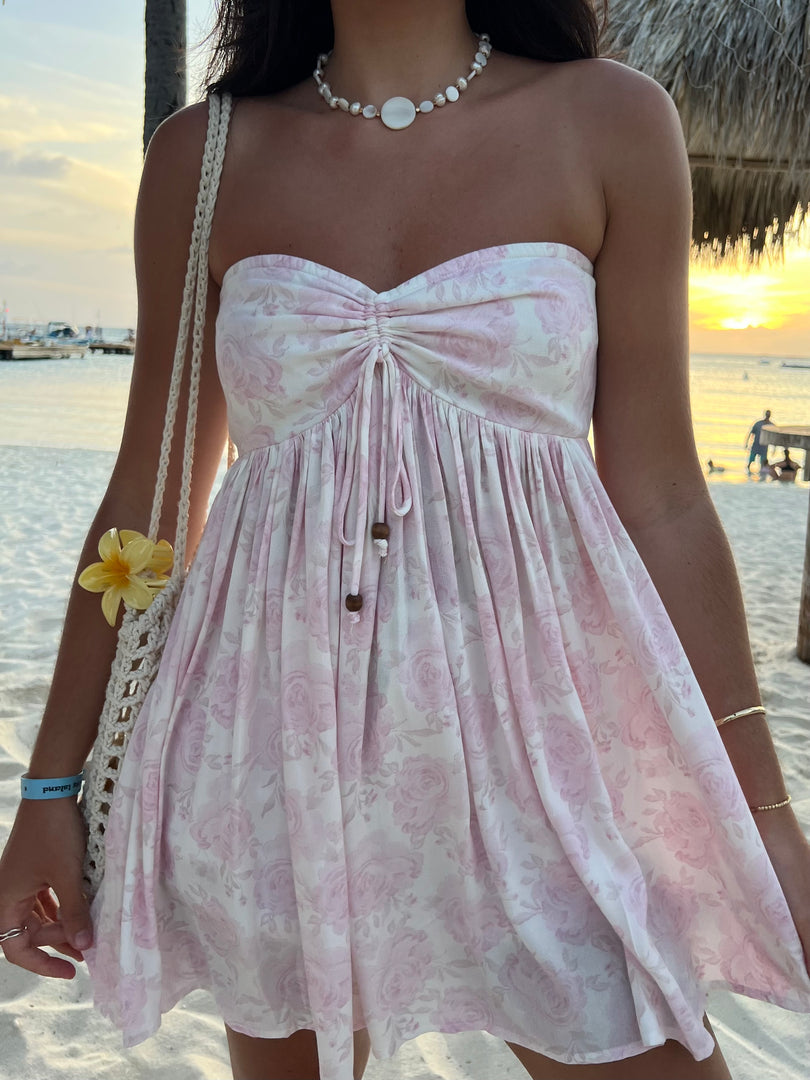 Light Pink Floral Strapless Mini Dress