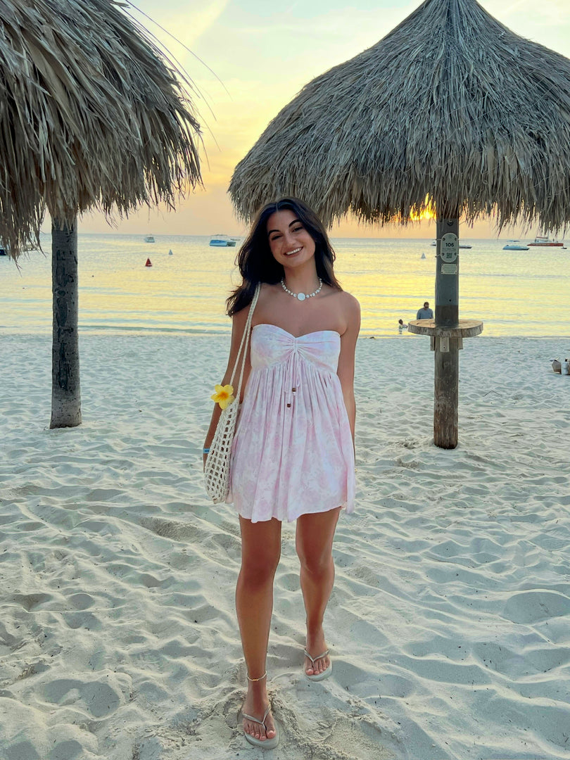 Light Pink Floral Strapless Flowy Dress