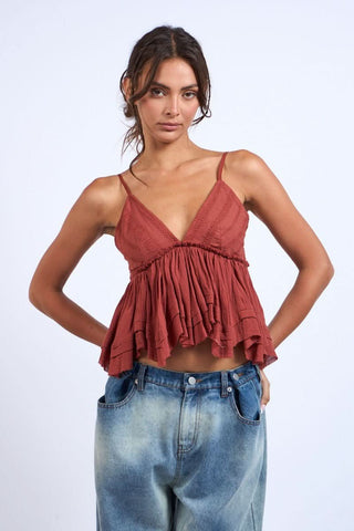Lexi Cinnamon Ruffle Babydoll Cami Top – Front View – Boho Pink
