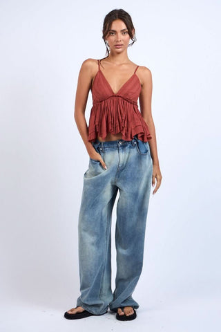 Model Wearing Lexi Cinnamon Babydoll Top with Barrel Jeans – Boho Pink