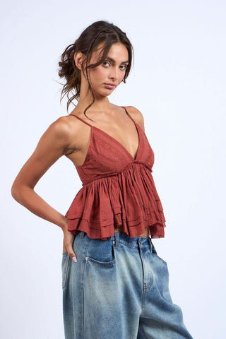 Lexi Cinnamon Babydoll Top – Side View – Eyelet Lace Detail