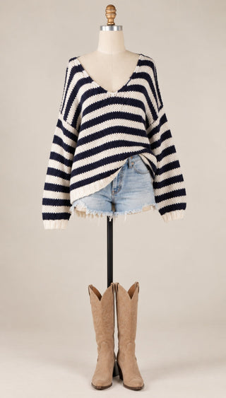 Lia Navy Stripe Oversized V-Neck Sweater Top - Cozy Outfit View