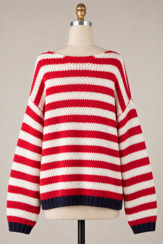 Lia Red Stripe Oversized V-Neck Sweater Top - Back View