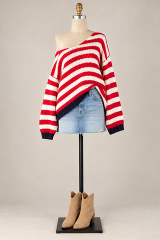 Lia Red Stripe Oversized V-Neck Sweater Top - Outfit View