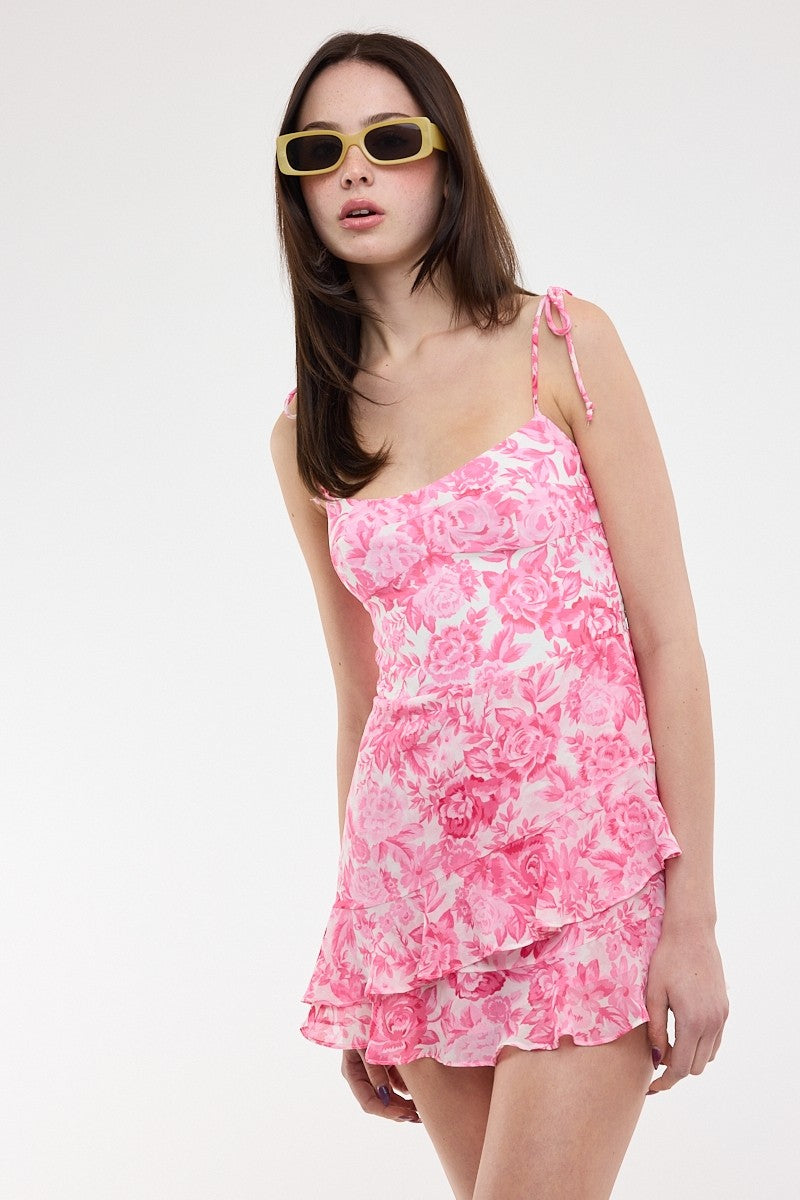 Preppy Liana Pink Floral Ruffle Romper Dress with tie-straps and tiered ruffles