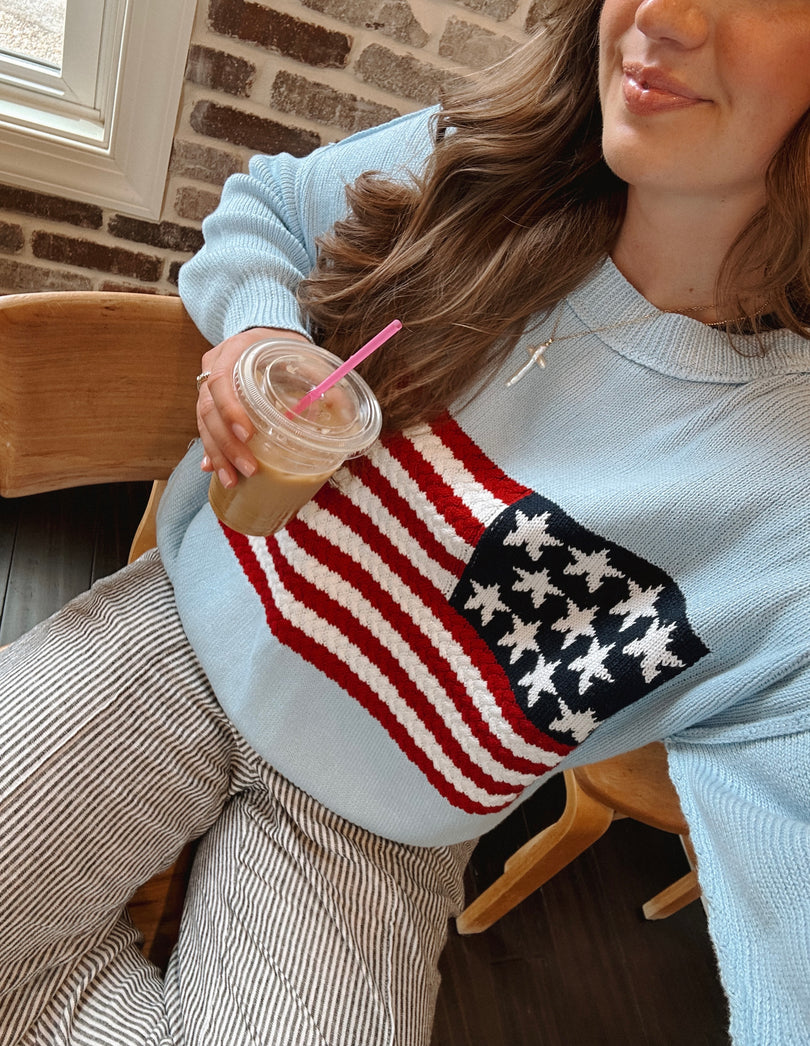 Land of Free light blue American flag sweater showing crochet knit texture
