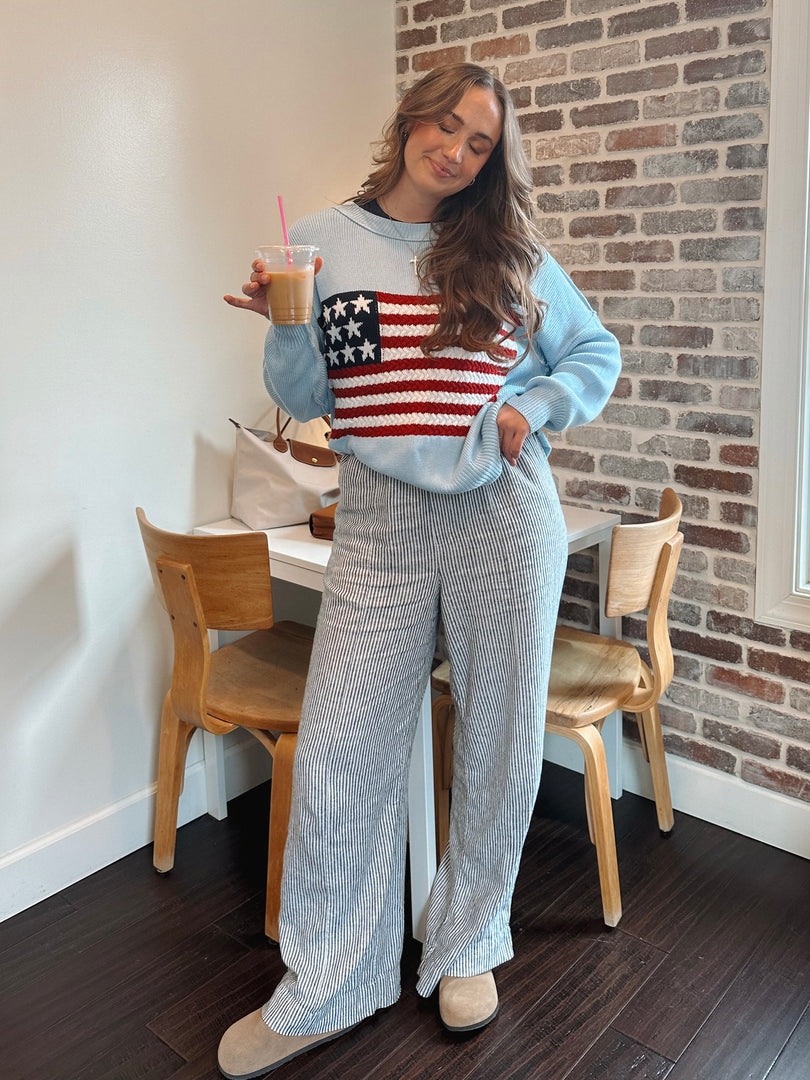 Land of Free light blue American flag sweater styled with pinstriped pants and clogs