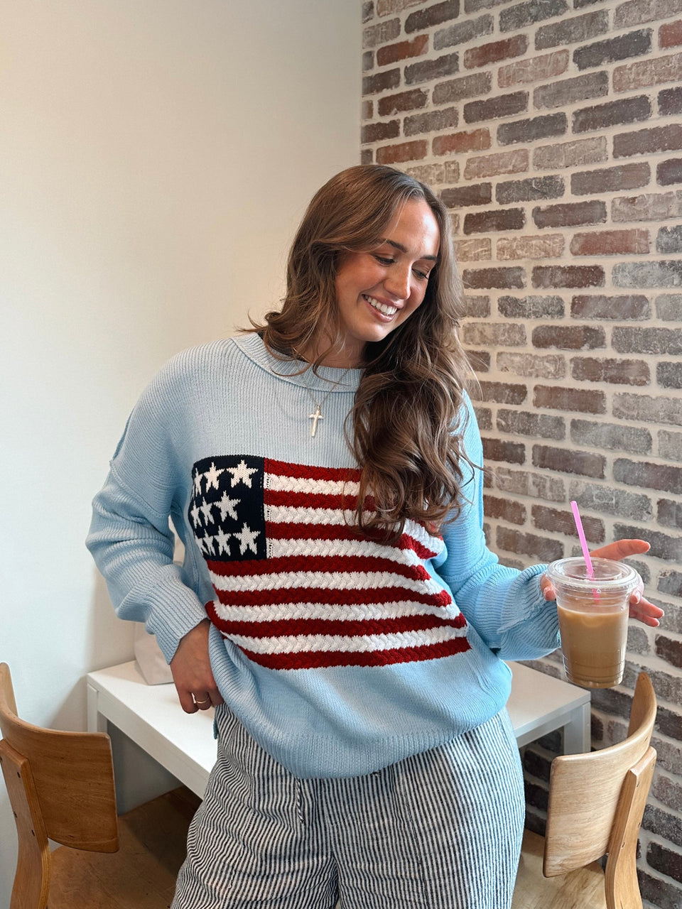 Land of Free light blue oversized American flag sweater with crochet detail