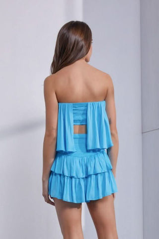 Monaco Blue Atoll Strapless Ruffle Romper Back View | Boho Pink