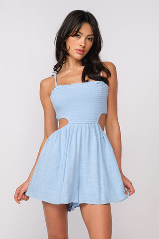 Molly Blue Smocked Cutout Romper - Front View