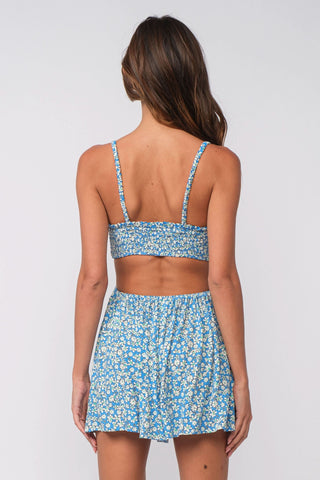 Back  Cutout Detail on Blue Floral Boho Cami Romper | Boho Pink
