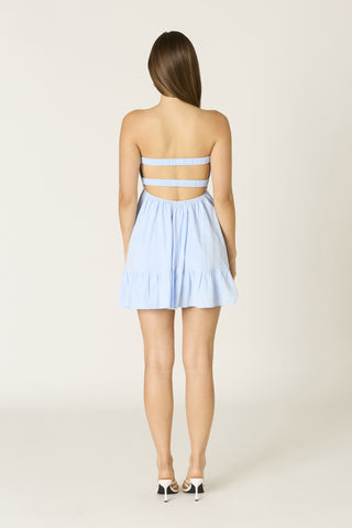 Open back strapless light blue romper with elastic bands and babydoll fit | Boho Pink